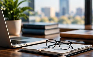 Professional workspace with laptop and financial documents